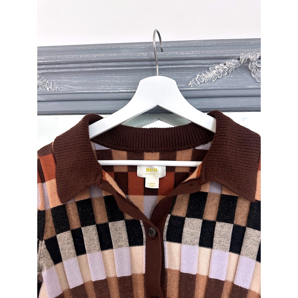 Maeve Anthropologie Kinsley Checkered Ribbed Collared Cropped Cardigan Sweater L - Picture 5 of 10